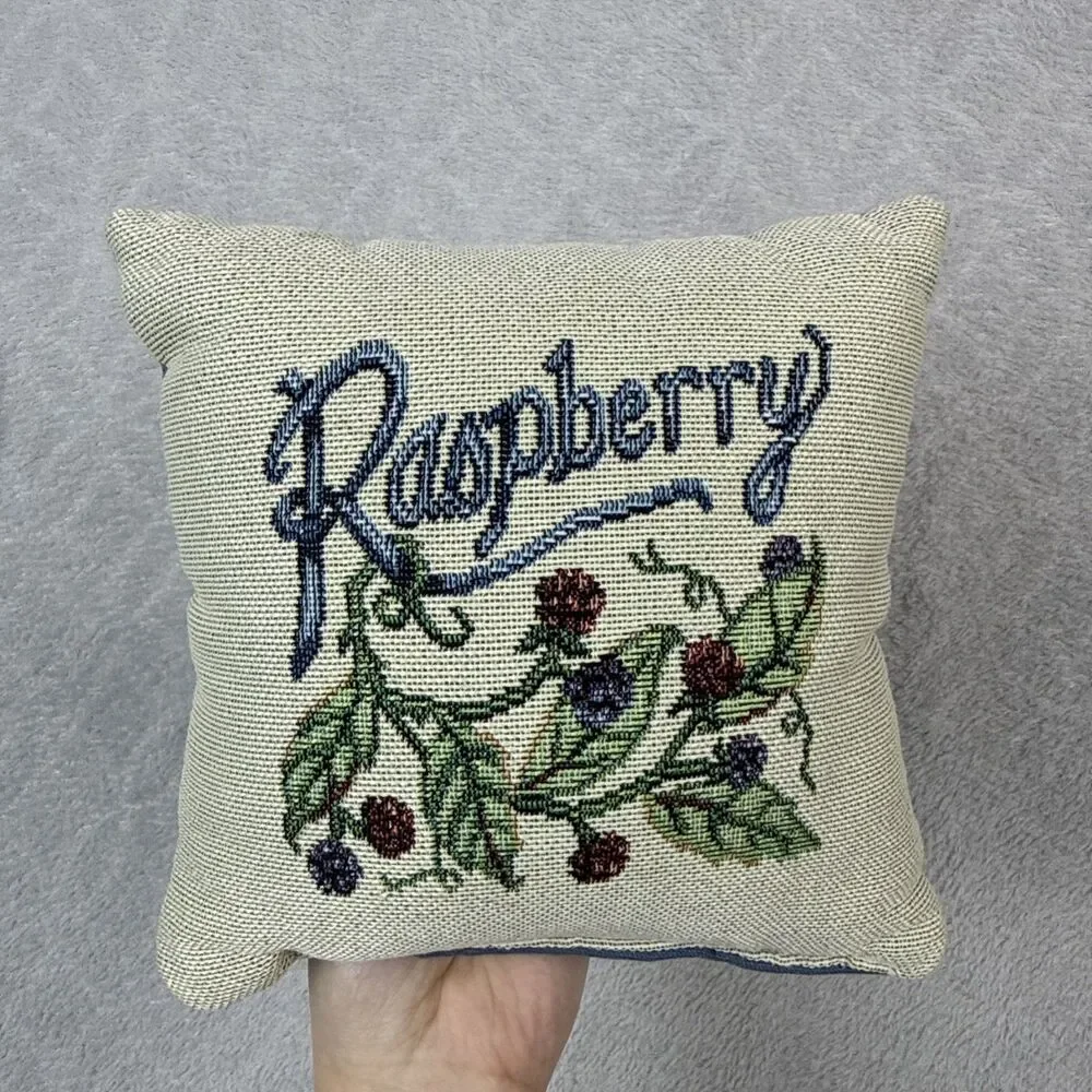 Vtg Raspberry Cross Stitch Throw Pillow 8x8 Grandma Cottagecore Fruit 90s Decor